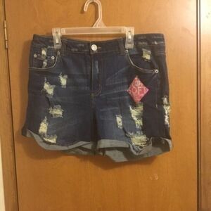Almost Famous Dark Wash Distressed Destroyed bottom cuff Jean Denim shorts 13